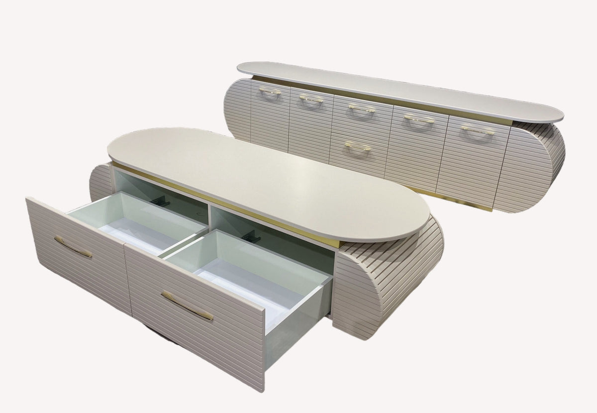 Las Vegas ribbed blush media console and oval coffee table set, view 2