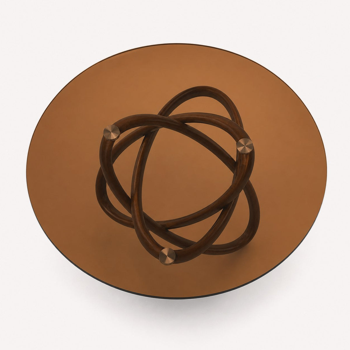 Orian round glass dining table on sculptural interlocking wood rib base, view 2