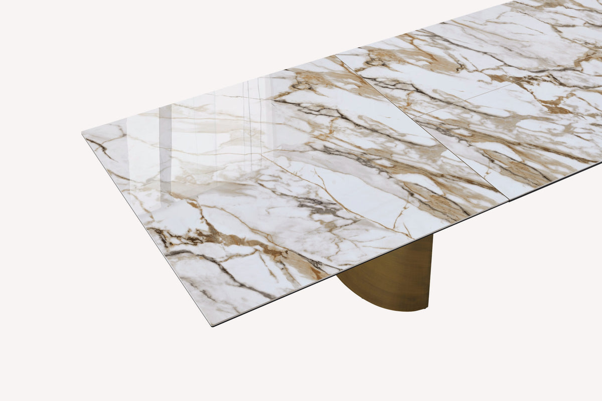 Napoleon marble look porcelain dining table on brushed gold legs, view 2