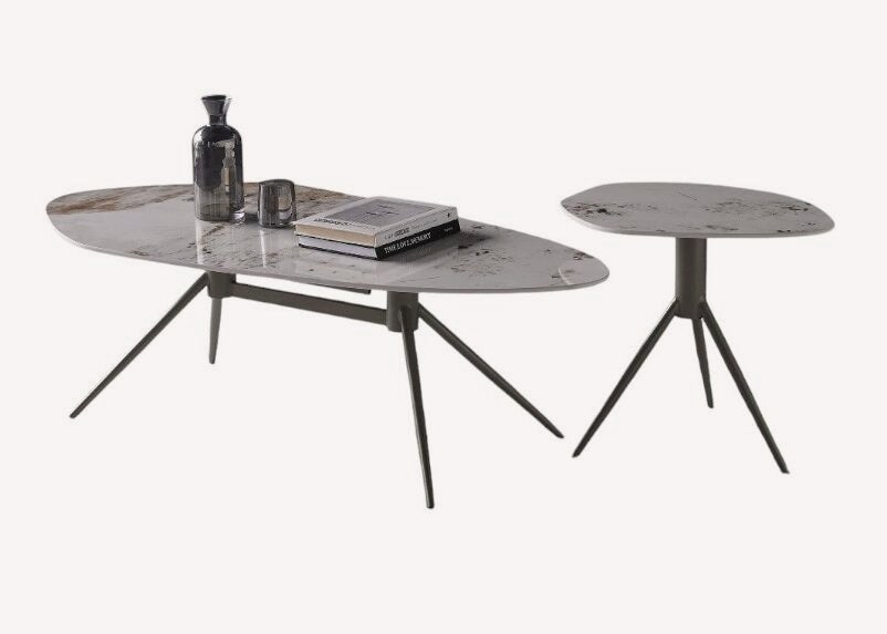 Space organic marble look coffee table and side table on slender legs, view 2