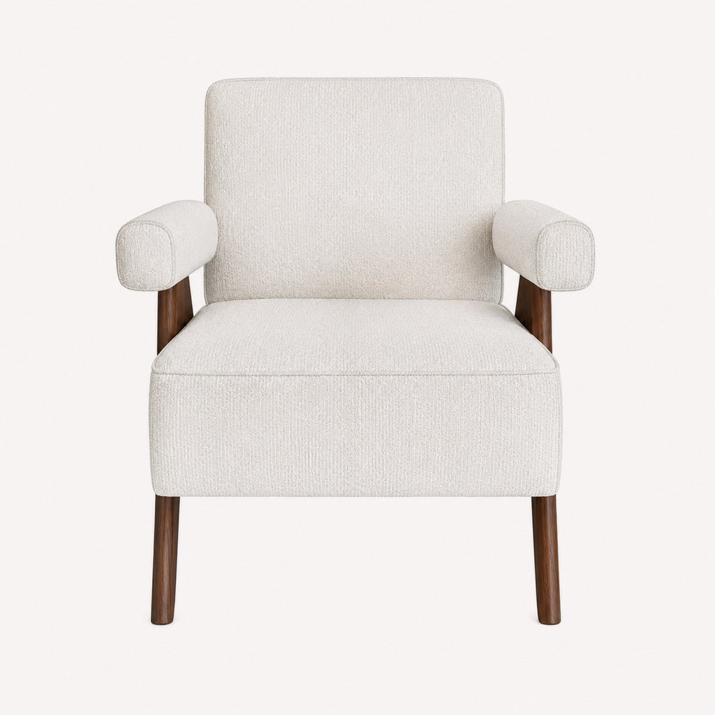 Vitacci accent chair with angled walnut wood frame and light fabric, view 2