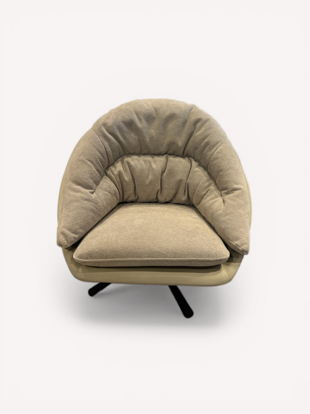Marshmallow round swivel chair with leather shell and soft fabric interior, view 2