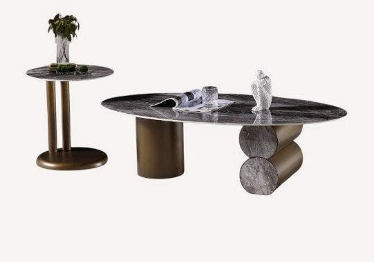 City oval dark marble look coffee table on bronze cylinders with side table, view 2