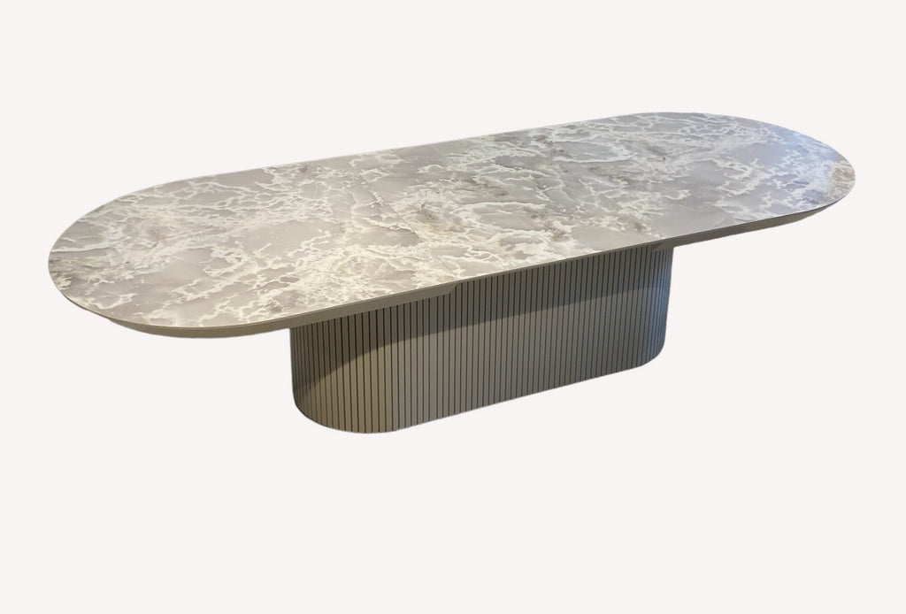 Star oval marble look dining table on fluted pedestal, view 2