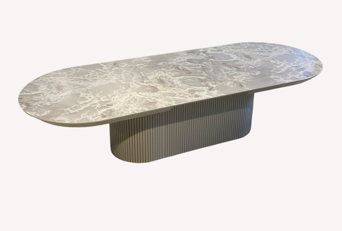 Star oval marble look dining table on fluted pedestal, view 2