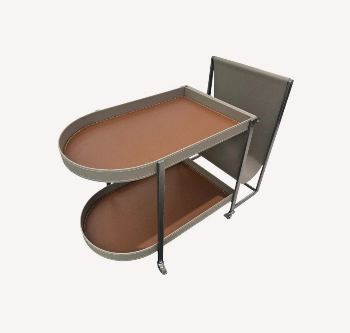 Tony oval two tier bar cart with cognac leather trays, view 2