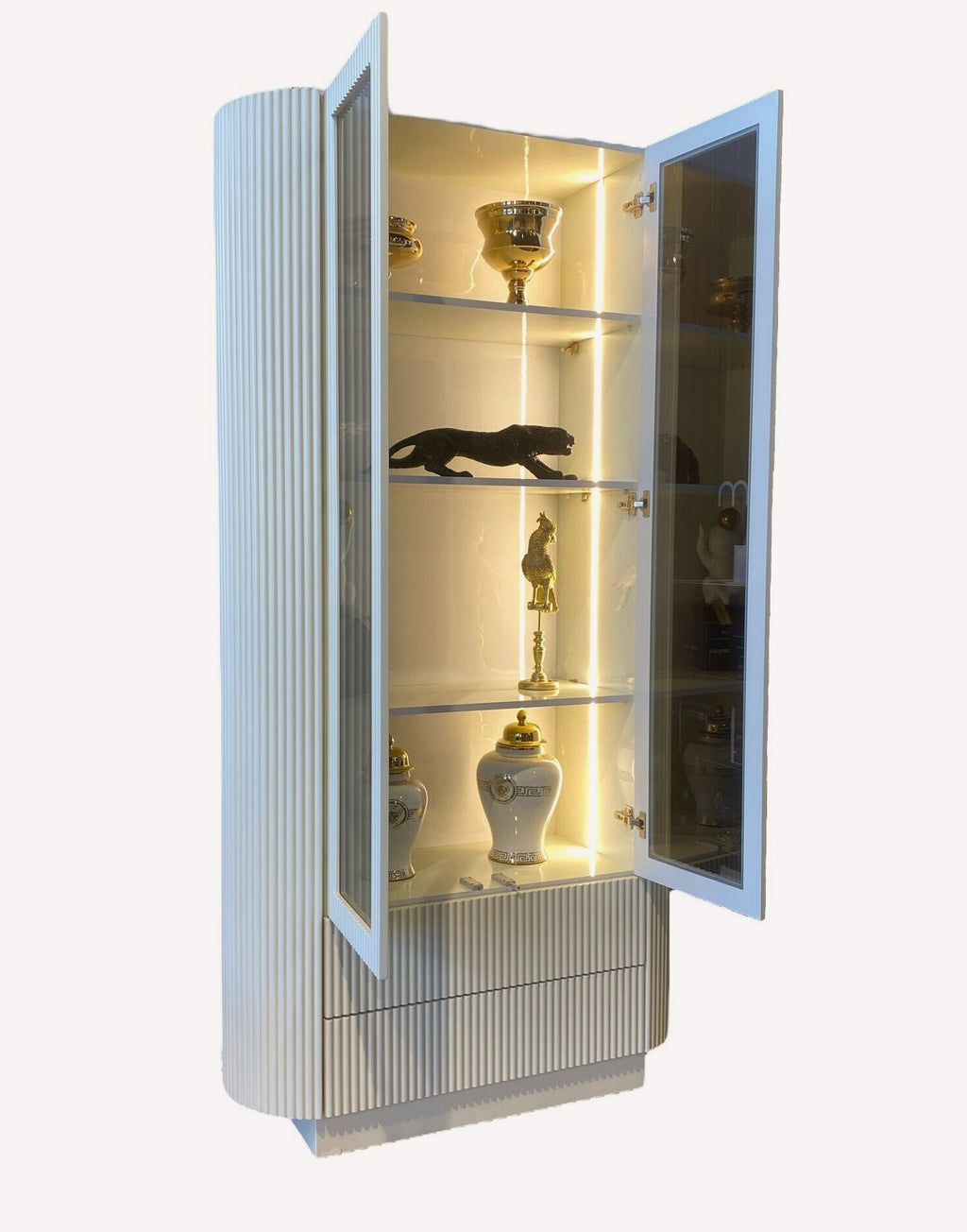 Nikita tall fluted white display cabinet with lighted glass shelves, view 2