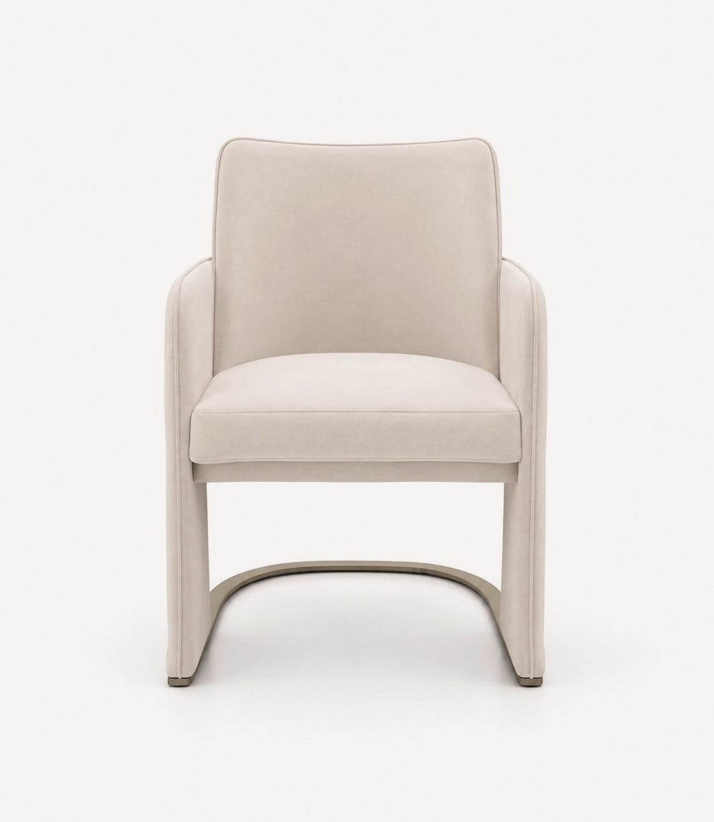 Lauren upholstered dining armchair with rounded arms and curved metal base, view 2