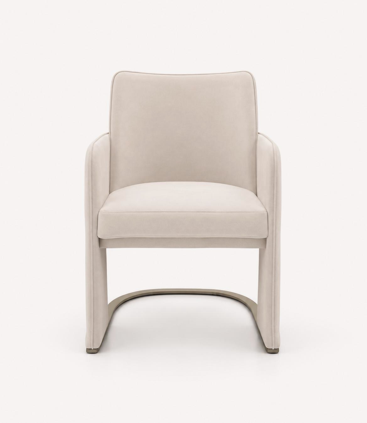 Lauren upholstered dining armchair with rounded arms and curved metal base, view 2