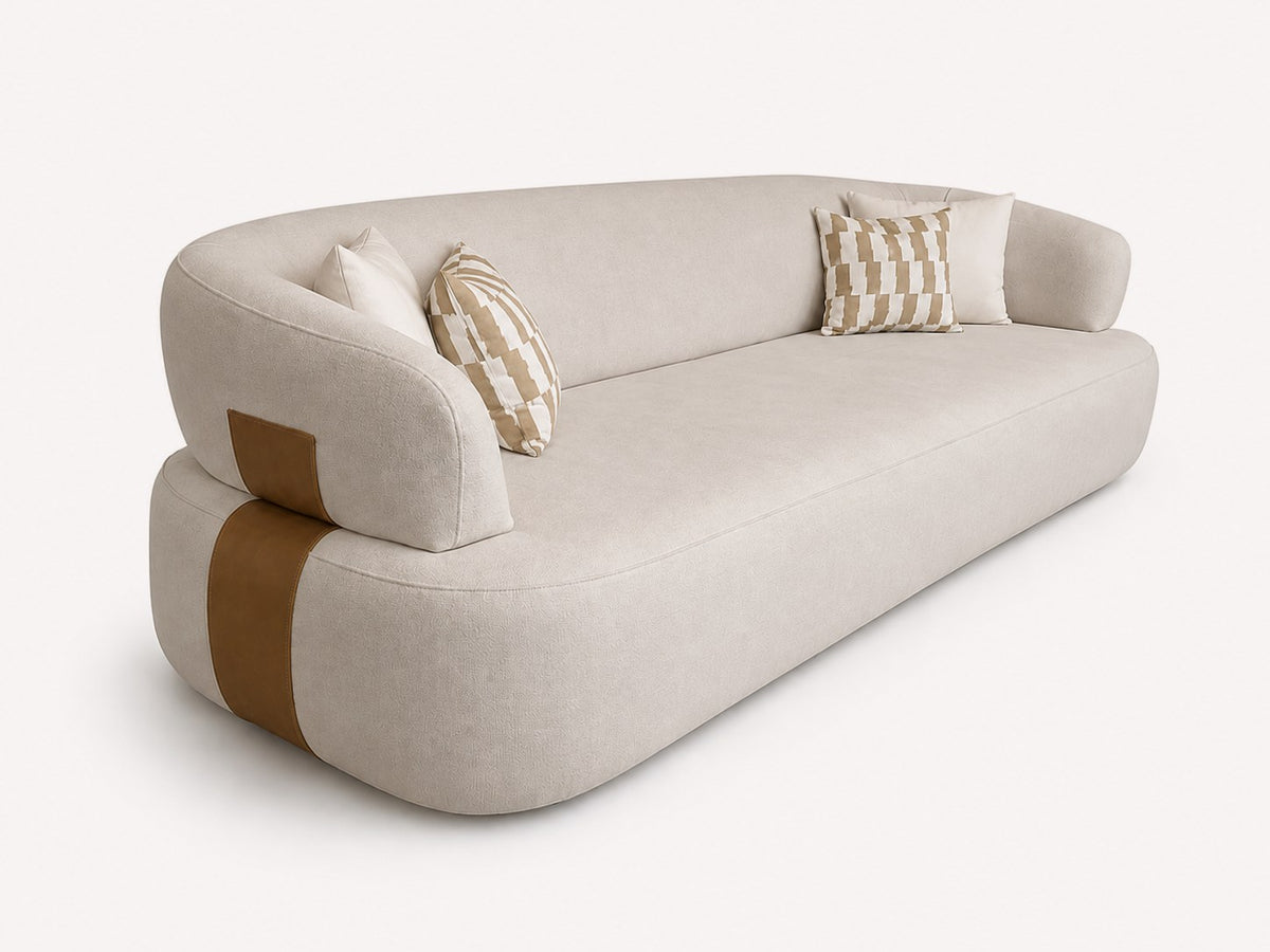 Grizzly natural fabric sofa with leather side straps, view 2