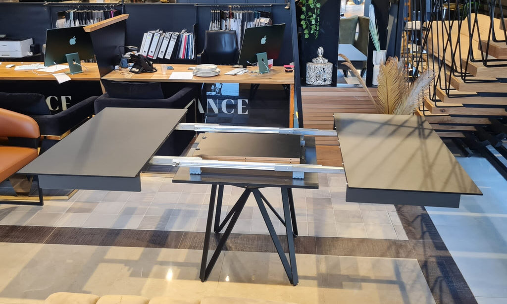 Marshall square gray extendable dining table on angular black legs, view 3