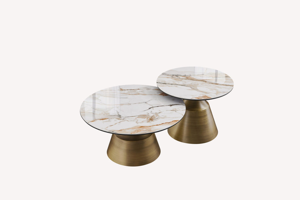 Cono pair of round marble look tables on brushed gold cone bases, view 3