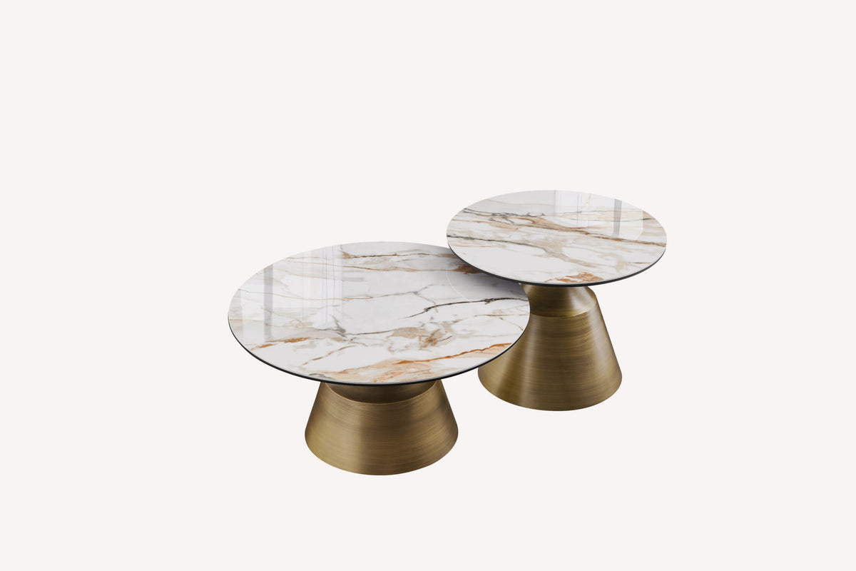 Cono pair of round marble look tables on brushed gold cone bases, view 3