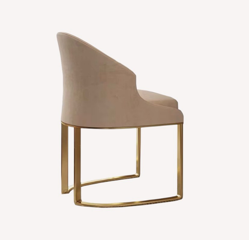 Andrea beige curved dining chair with polished gold sled legs, view 3
