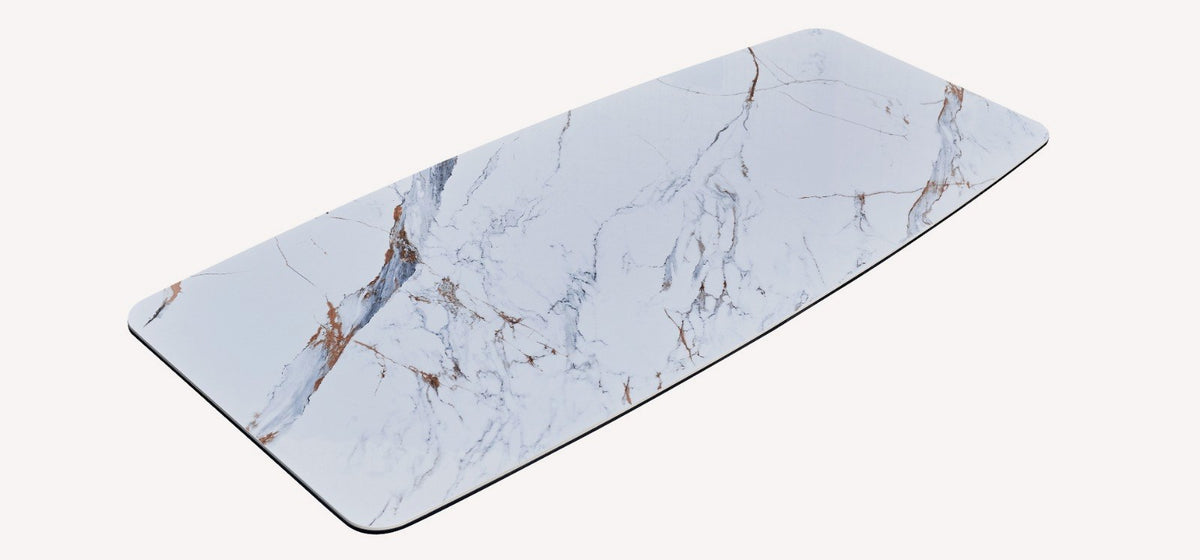 Crown marble look porcelain dining table on brushed gold crown pedestal, view 3