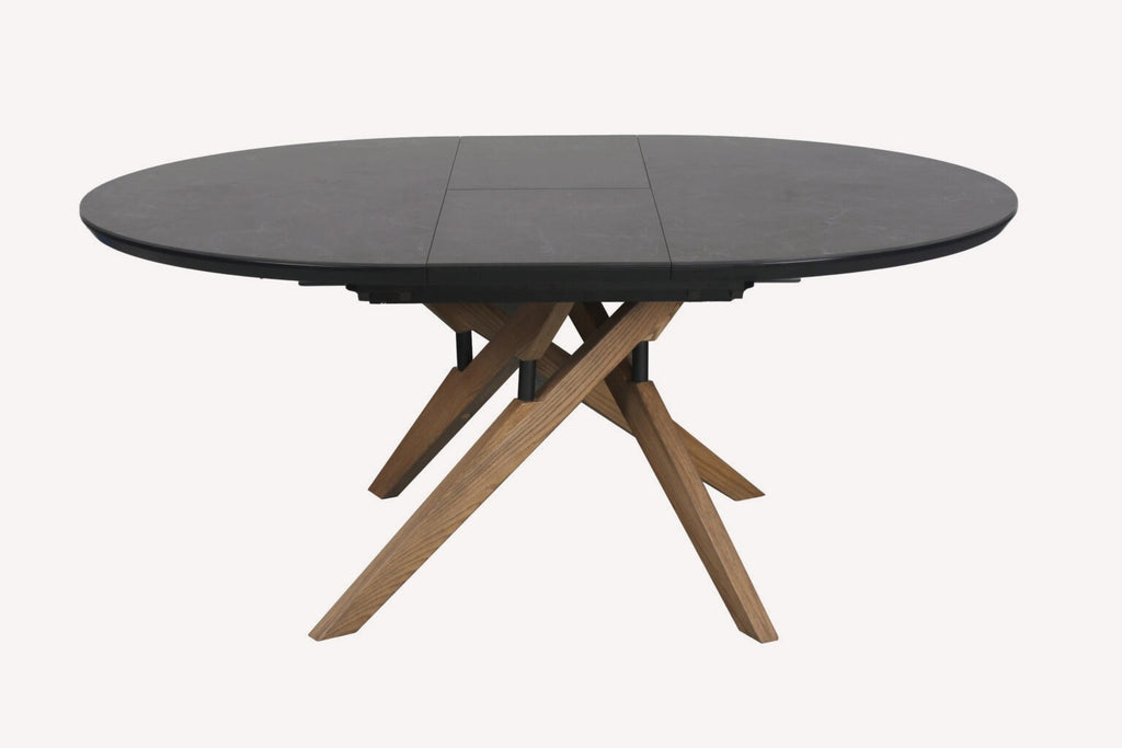 Scala round charcoal dining table on crossed wood legs, view 3