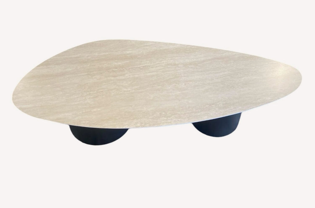 Tavor organic travertine look coffee table on navy cylinders, view 3