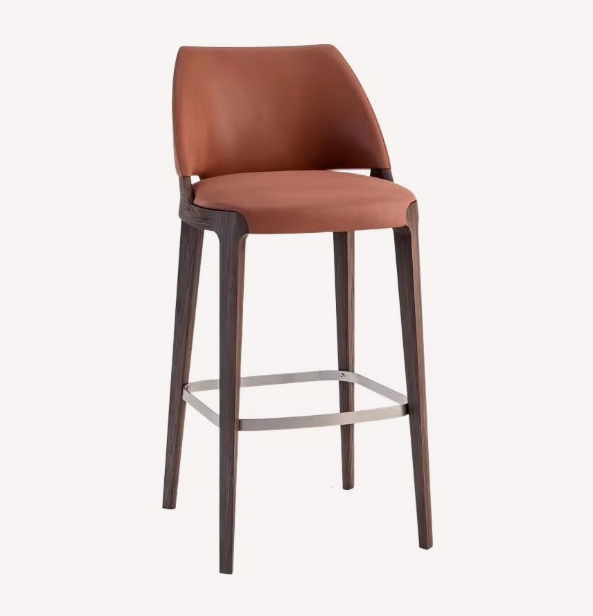 Carlos dark wood bar stool with brown upholstered angled back, view 3