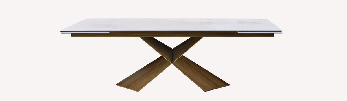 Delta extendable marble look porcelain dining table on angular bronze base, view 3