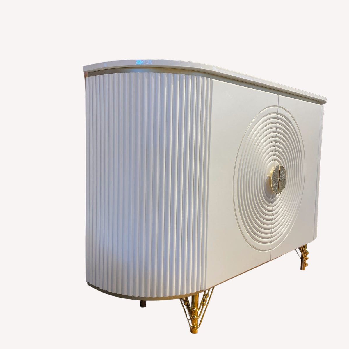 Valencia white sideboard with concentric circle doors and gold legs, view 3