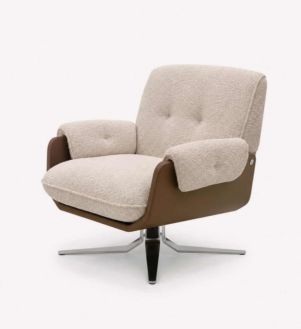 Franco retro swivel lounge chair with brown shell and light upholstered seat, view 3