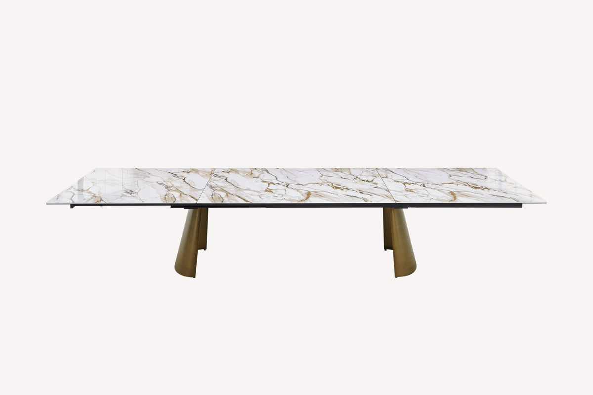 Napoleon marble look porcelain dining table on brushed gold legs, view 3
