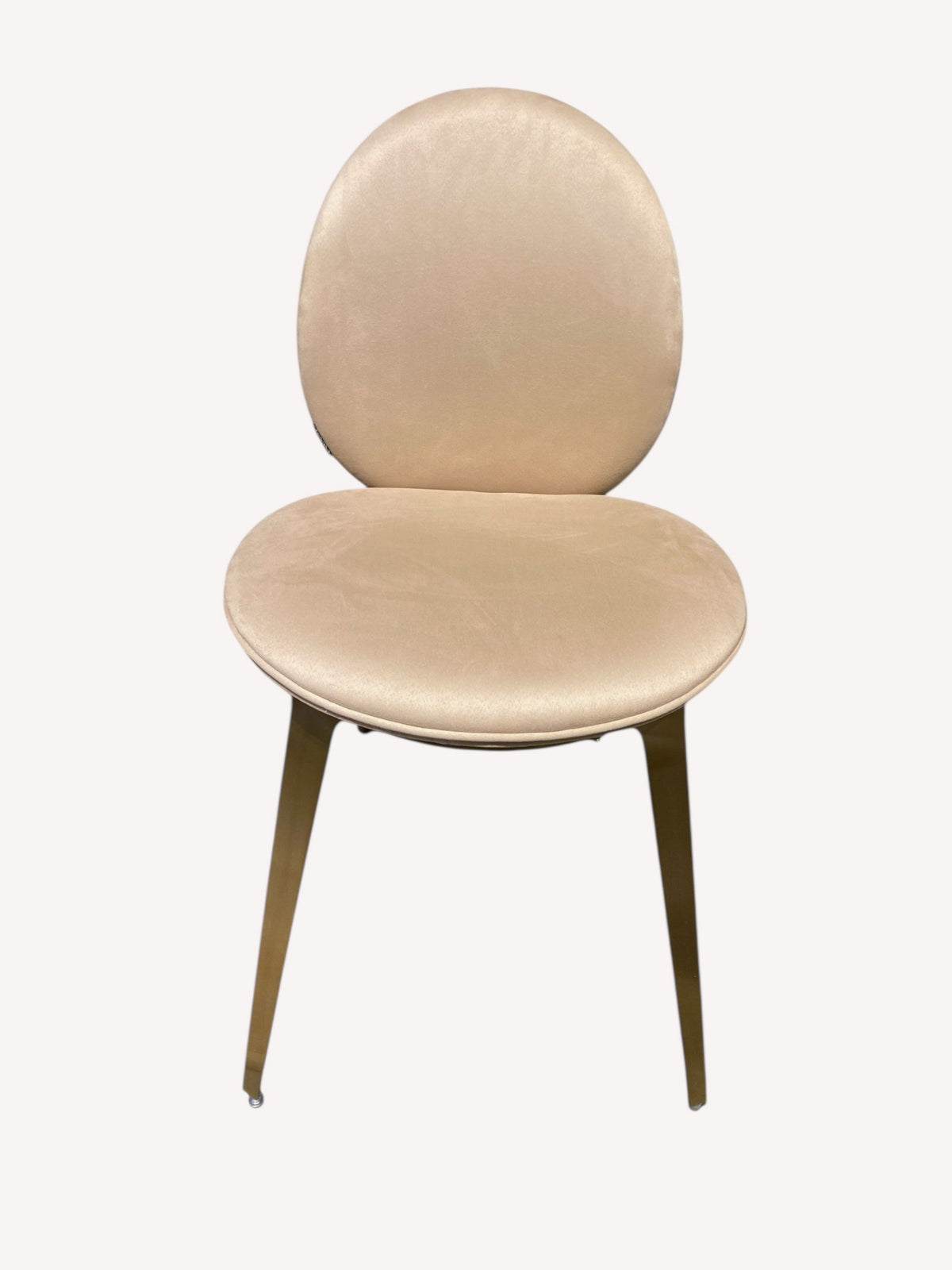Rose beige velvet dining chair with oval back and gold legs, view 3