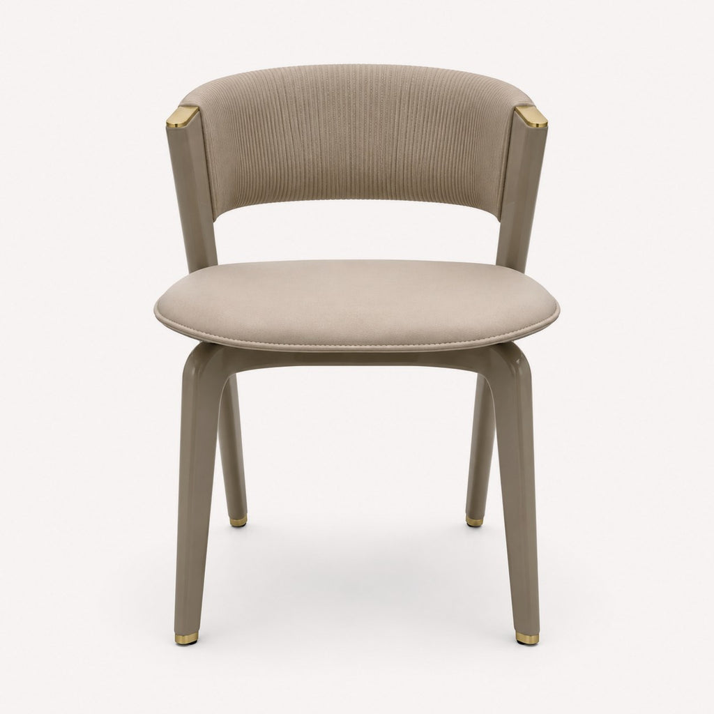 Queen taupe dining chair with stitched back and gold accents, view 3