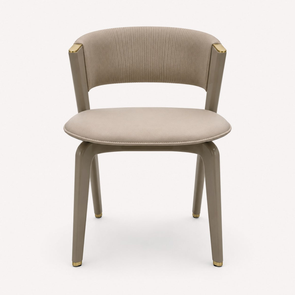 Queen taupe dining chair with stitched back and gold accents, view 3