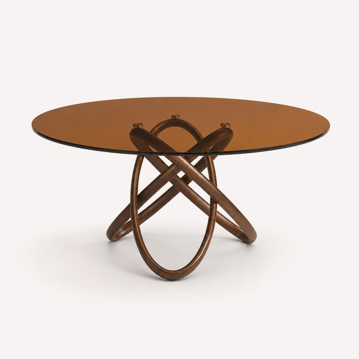 Orian round glass dining table on sculptural interlocking wood rib base, view 3