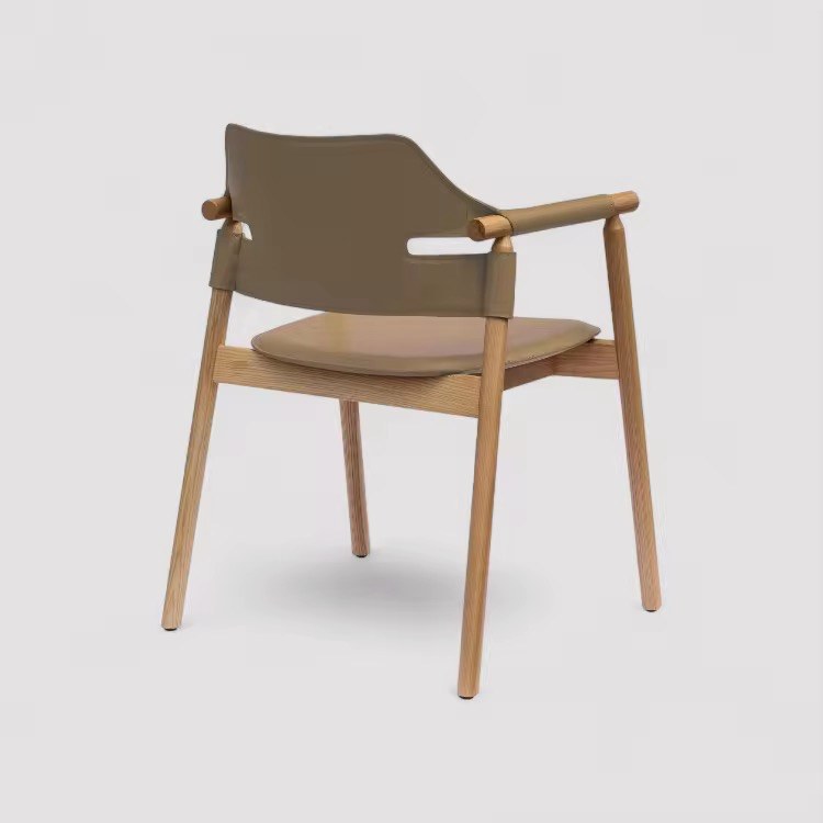 Emma dark wood dining armchair with light vegan leather upholstery, view 3