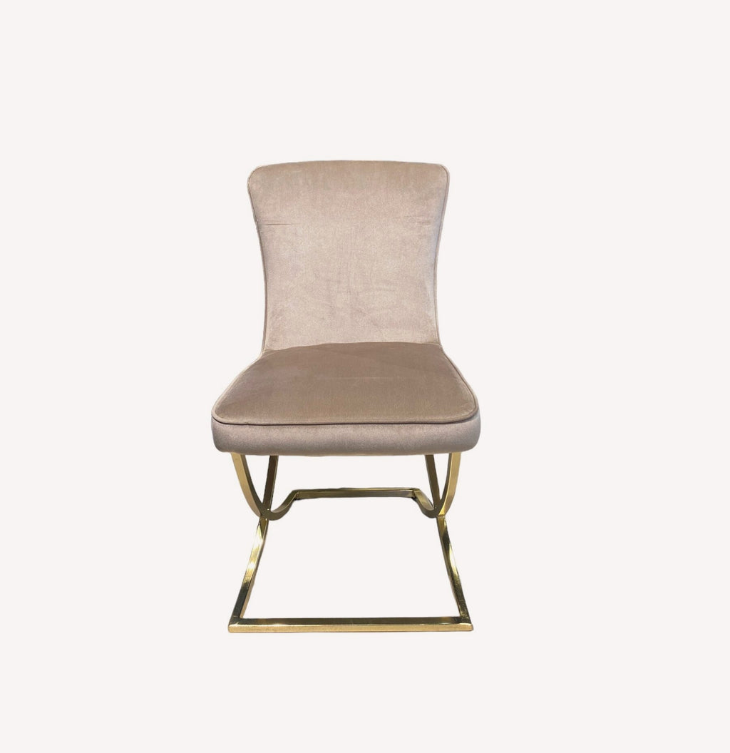 Calvin button tufted velvet dining chair on gold sled legs, view 3