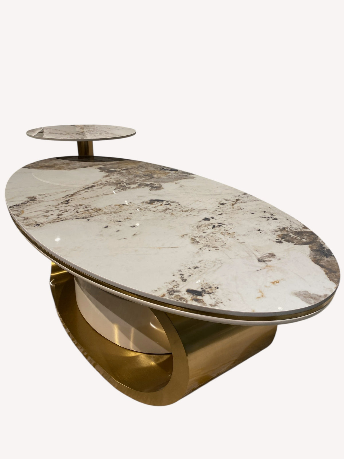 Ball oval marble look coffee table with bronze loop frame and storage drum, view 3
