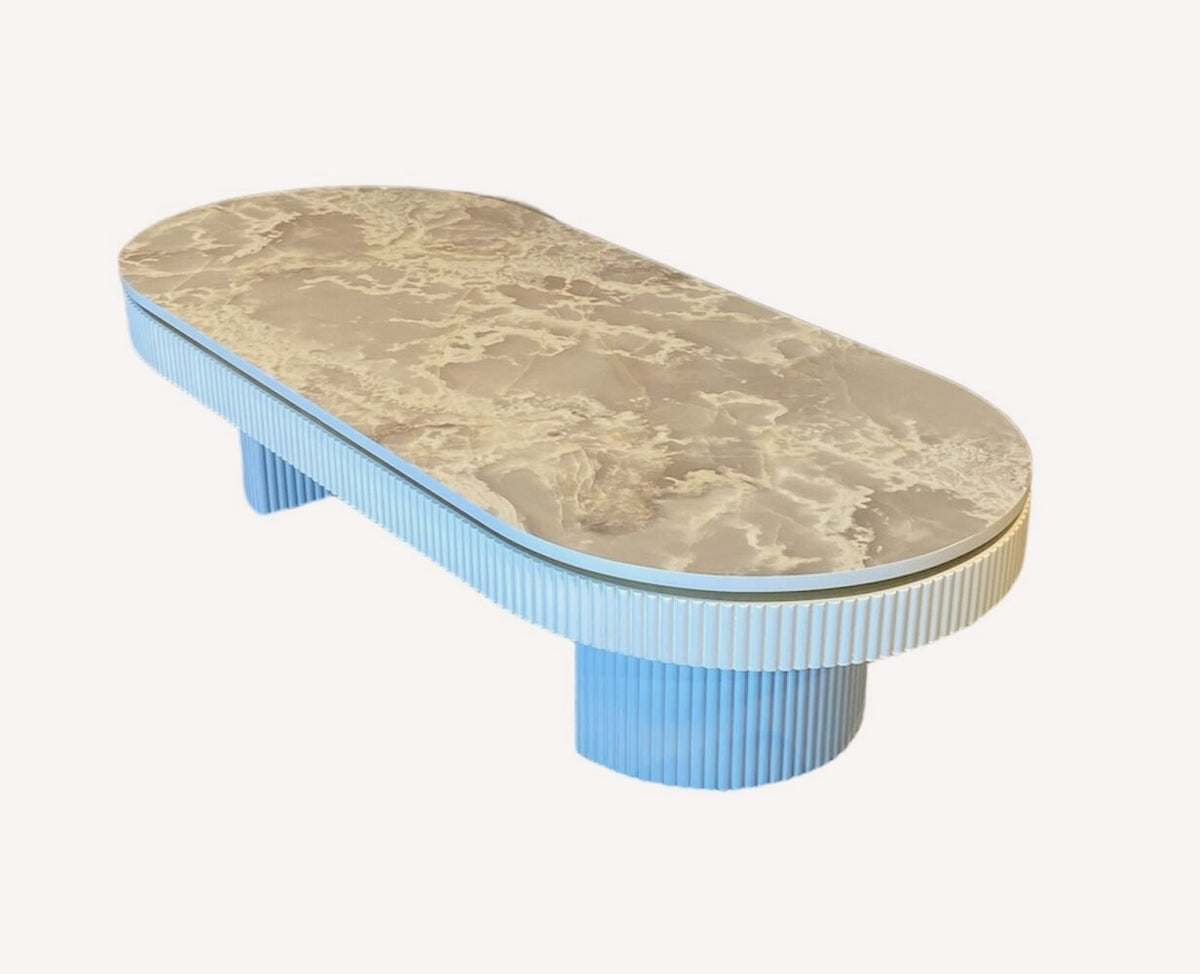 Orlando fluted white coffee table with marble look oval top, view 3