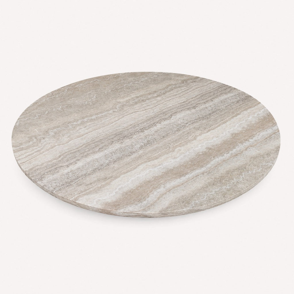 Mykonos round travertine-look dining table with sculptural pedestal, view 3