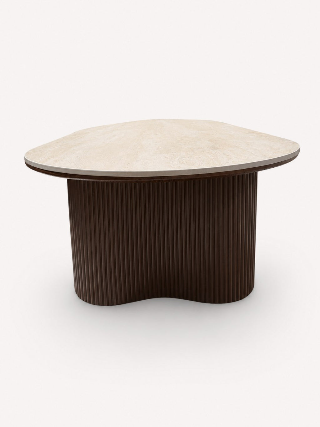 Yavan organic dining table with travertine-tone top on fluted walnut base, view 3