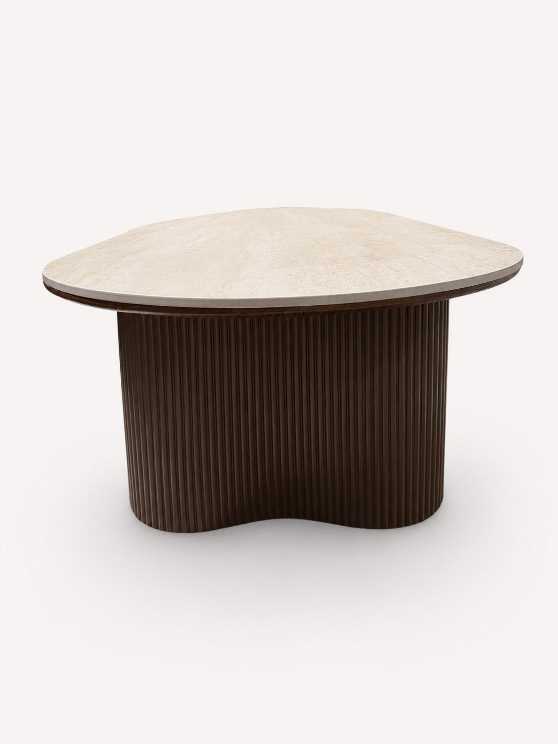 Yavan organic dining table with travertine-tone top on fluted walnut base, view 3