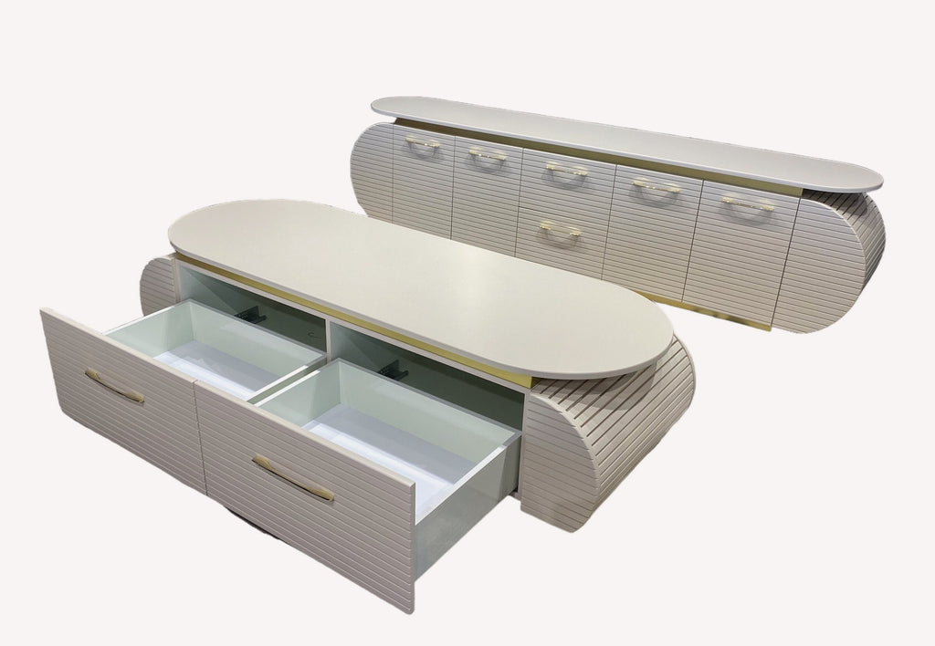 Las Vegas long ribbed media console with drawers, view 3