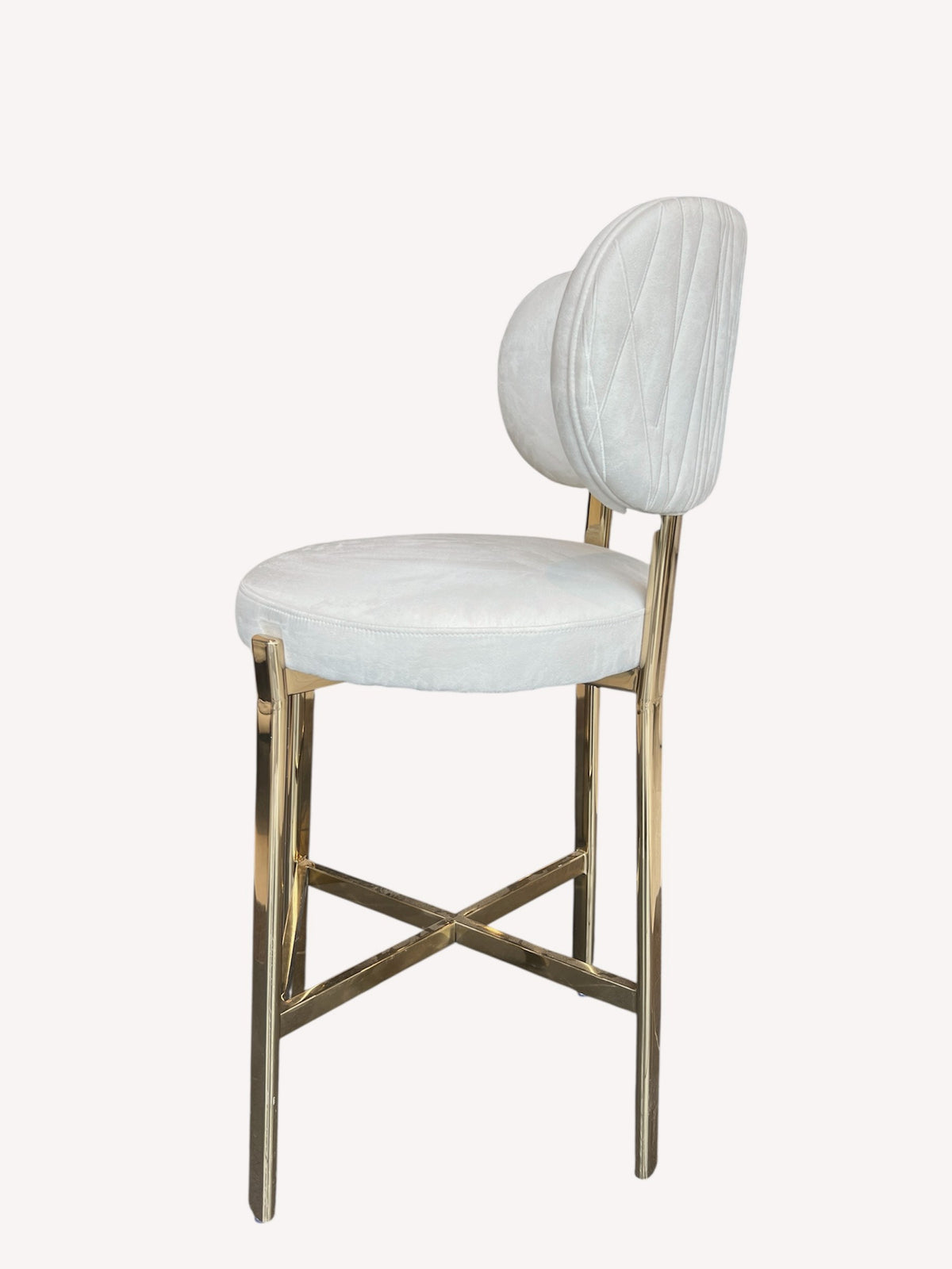 Hadas light velvet counter stool with quilted back and gold legs, view 3