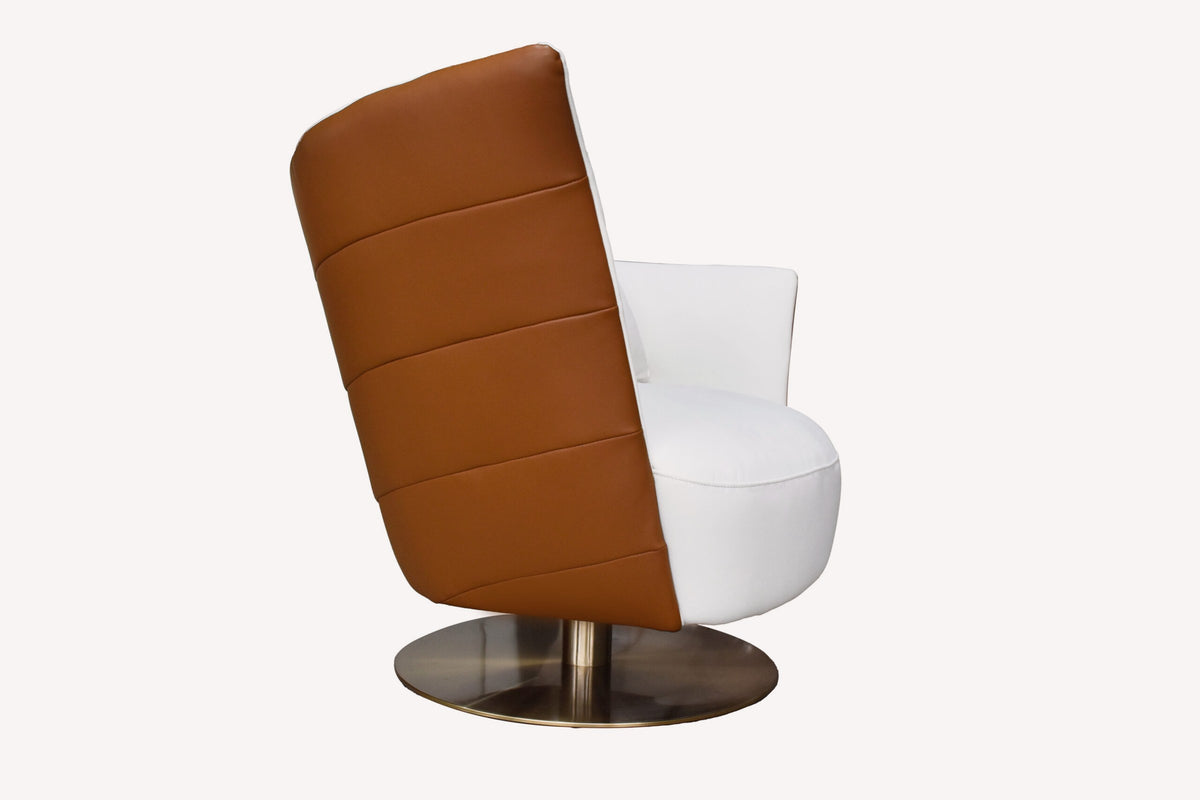 Shavit white petal shaped swivel chair with cognac edge and bronze base, view 3