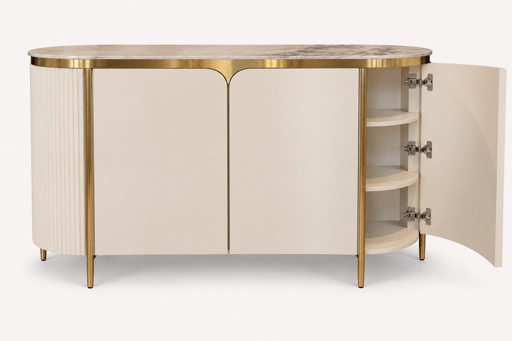 On rounded sideboard with porcelain sintered stone top and metal accents, view 3