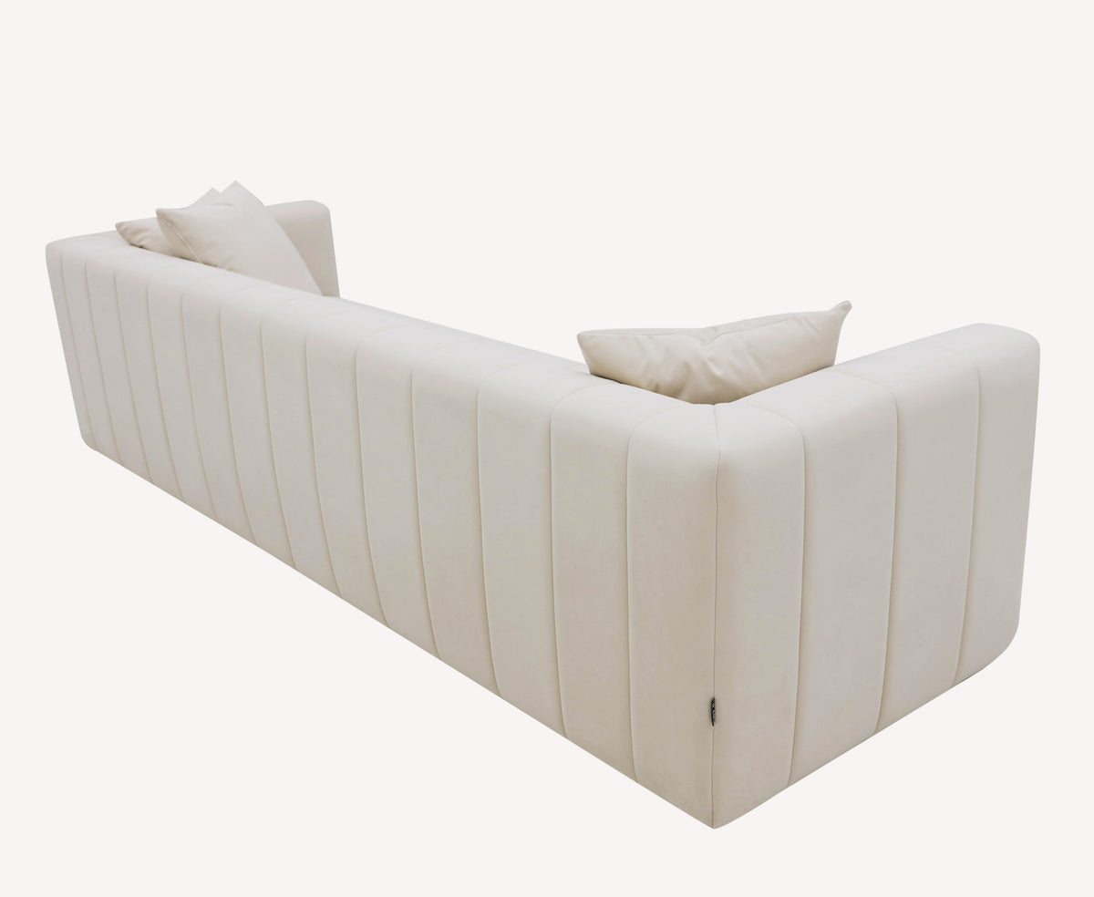 Stripes cream channel tufted sofa with track arms, view 3