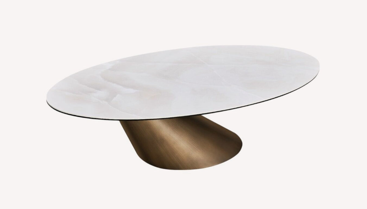 Netz oval porcelain coffee table on angled bronze cylinder base, view 3