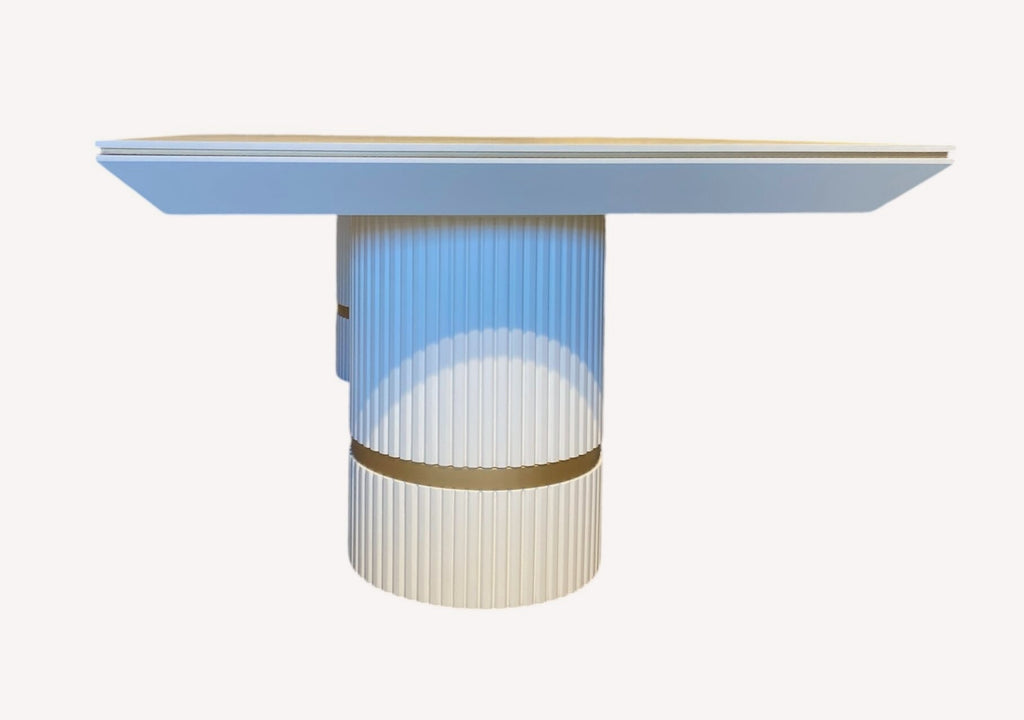 Imperia dining table on two fluted white pedestals with gold band, view 3