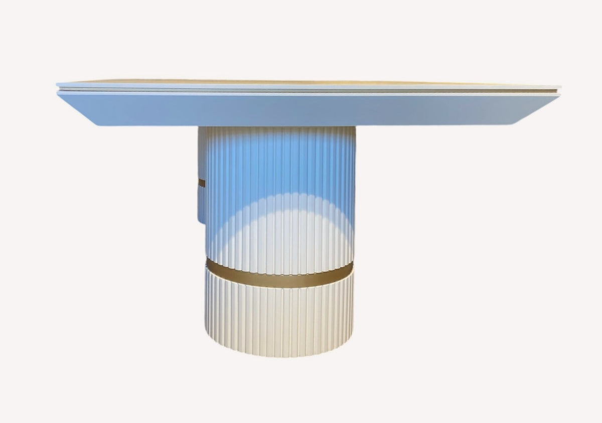 Imperia dining table on two fluted white pedestals with gold band, view 3