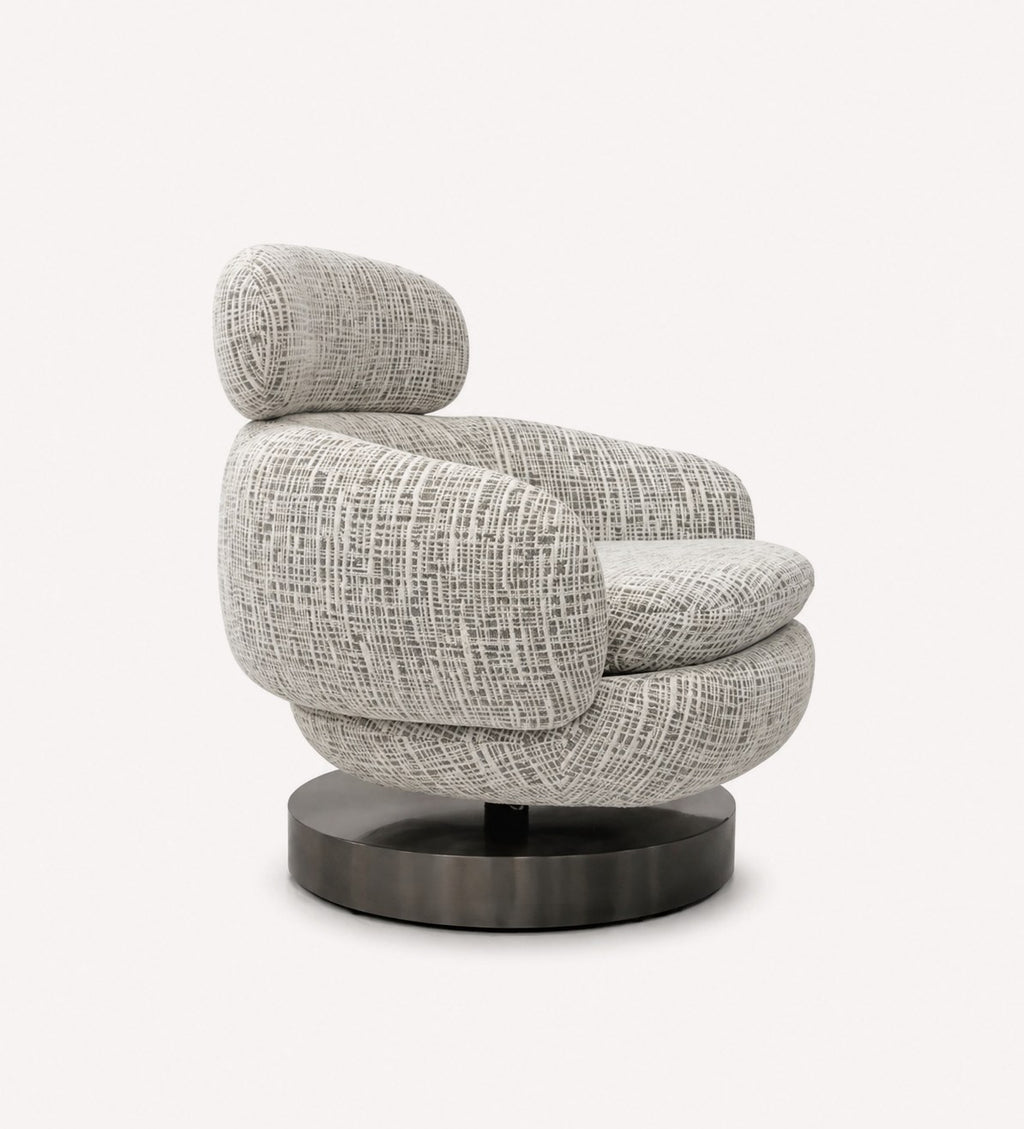 Nola sculptural swivel accent chair with rounded headrest and dark round base, view 3