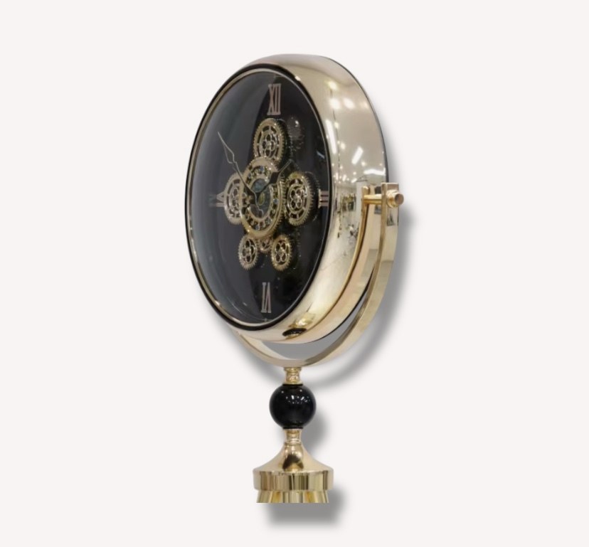 Yofi tripod floor clock with exposed gear face and gold accents, view 3
