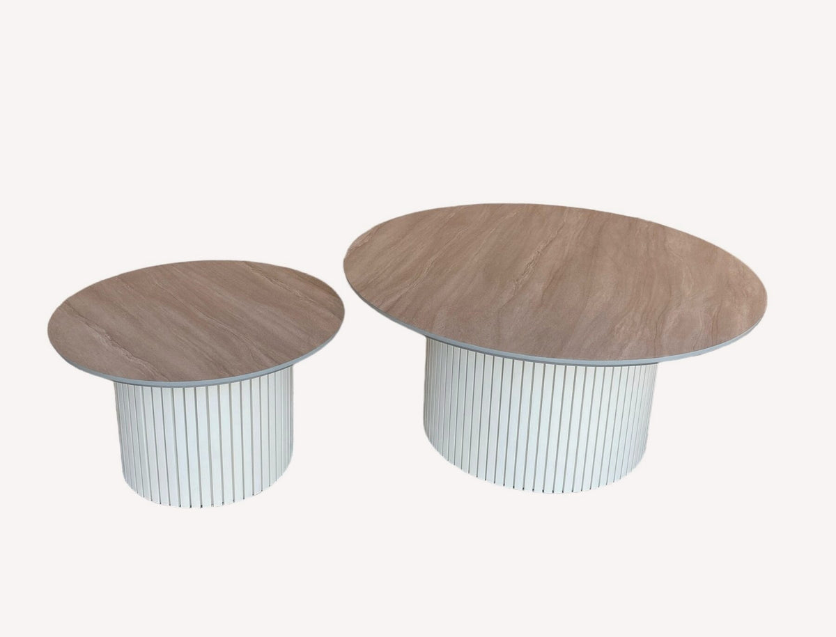 Vegas pair of marble look tables on fluted gold drums, view 3