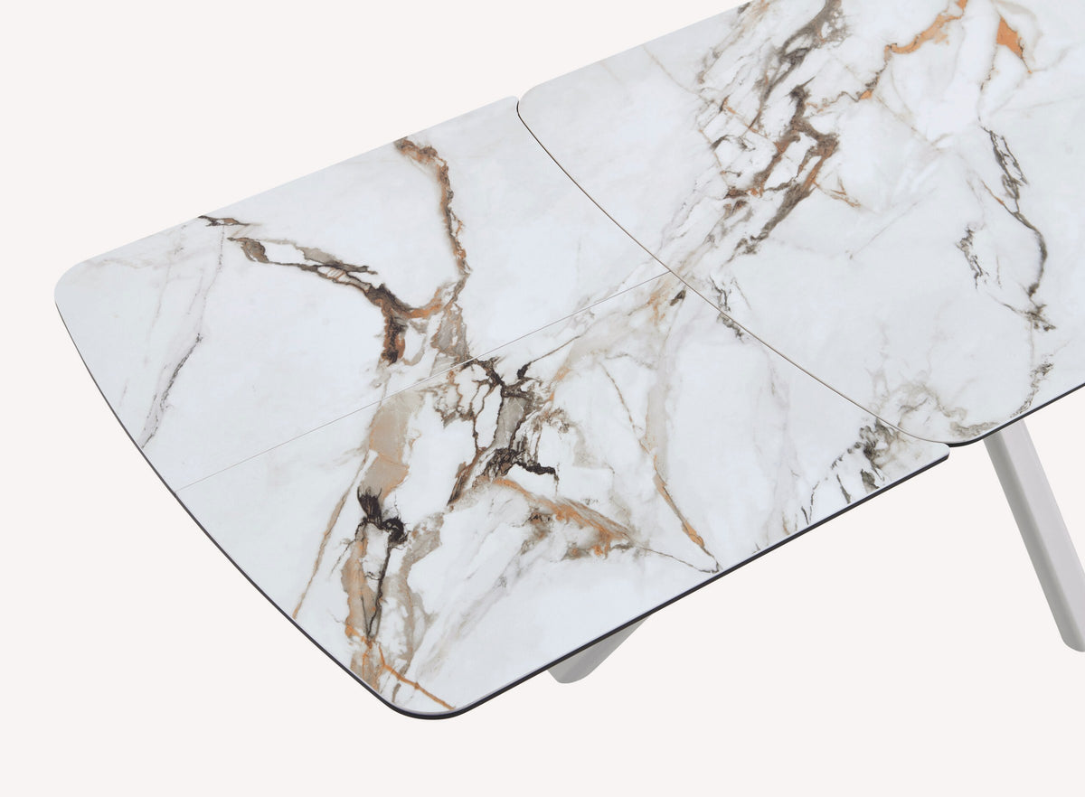 Solitaire extendable marble look porcelain dining table on white star base, view 3