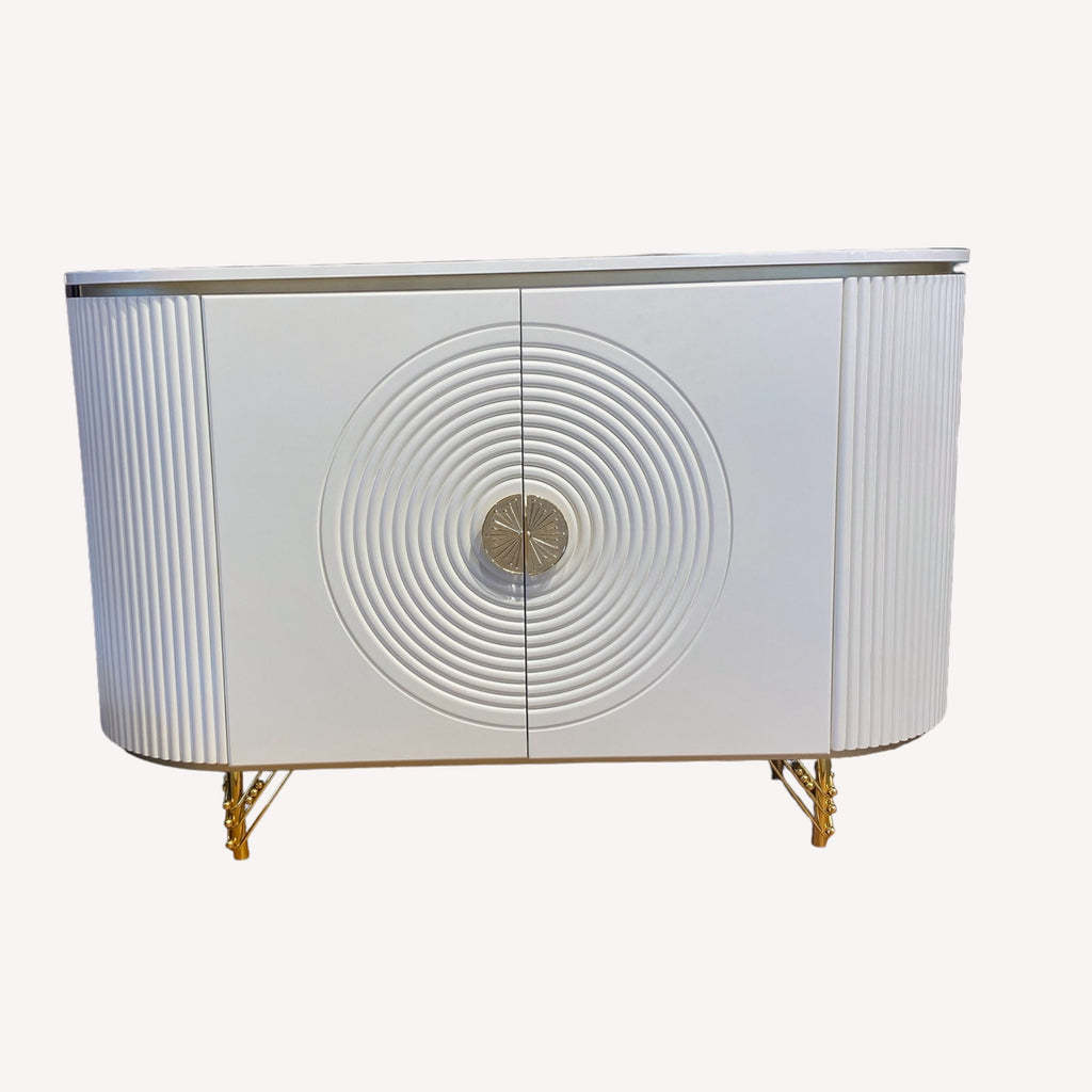 Valencia white sideboard with concentric circle doors and gold legs, view 4